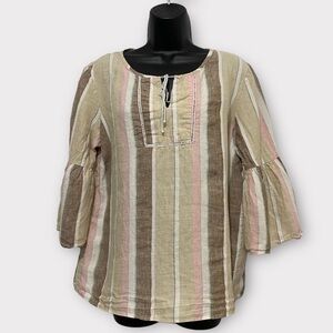 Ellen Tracy 100% Linen Neapolitan Striped Earth Tone Bell Sleeve Top Size Large